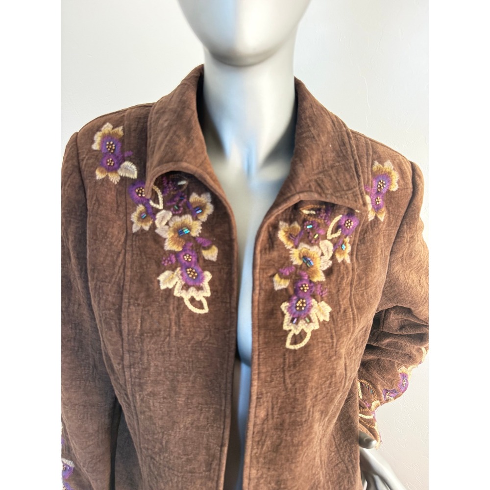 Vintage Coldwater Creek‎ Brown Floral Embroidered Beaded Jacket Blazer - Picture 2 of 9